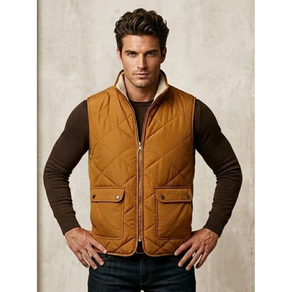 BKE Quilted Puffer Vest S Mustard Yellow Sherpa Lined Full Zip Unisex Outdoor